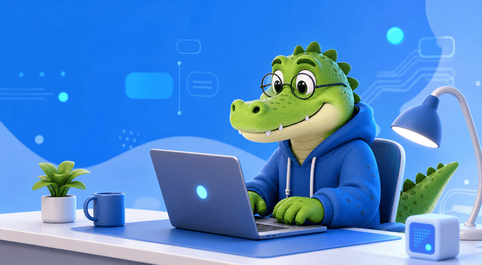 Cute crocodile coding on a laptop